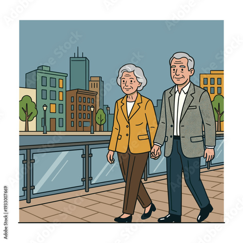 Senior caucasian couple walking hand in hand on city promenade with modern buildings active retirement and love concept