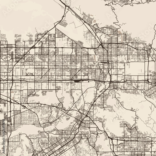 Riverside and San Bernardino City Map explore intricate linework reflecting refined urban grids and subtle monochrome aesthetics, emphasizing refined linework, with balanced composition.