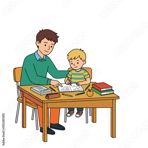 Adult father helping young caucasian boy with homework at desk supportive education concept