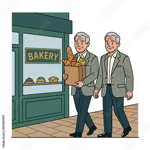 Senior caucasian man carrying paper bag with fresh bread from local bakery shop urban lifestyle concept