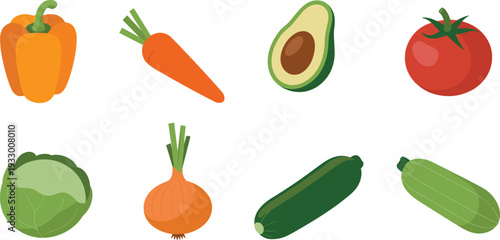 Fresh vegetable collection illustration, bell pepper carrot avocado tomato cabbage onion zucchini flat design icon set