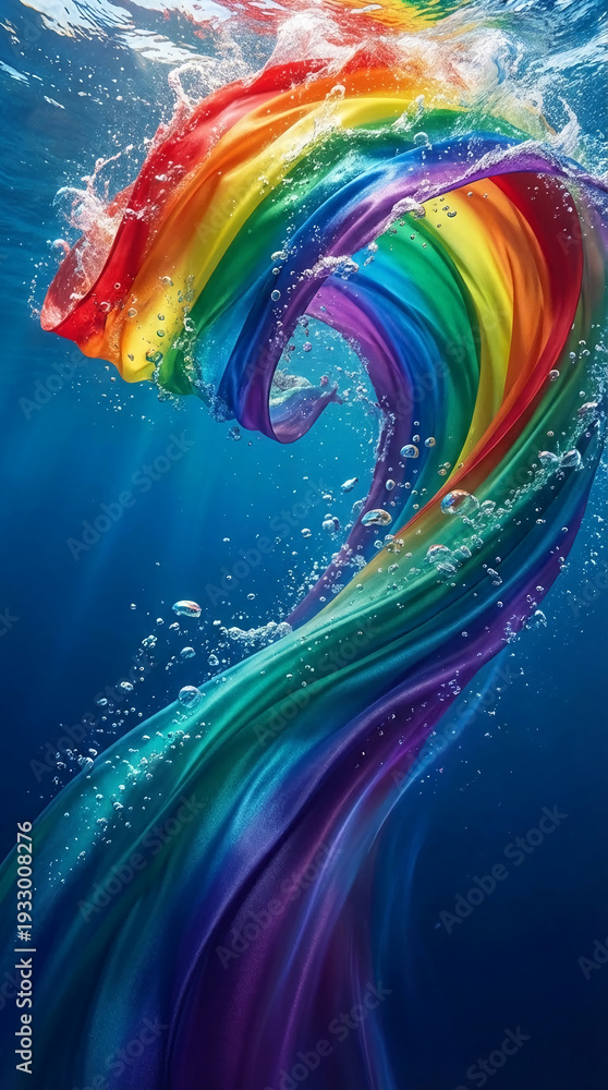 Fototapeta premium A vibrant, rainbow-colored cloth cascades in clear water, surrounded by bubbles, representing diversity, fluidity, and inclusion, suitable for banner