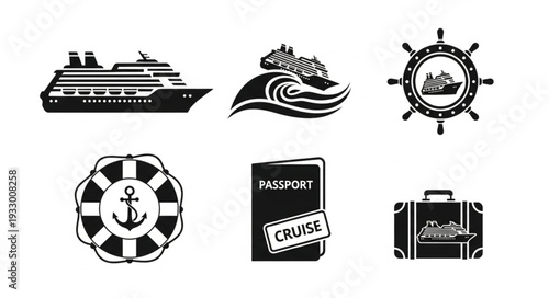 Cruise ship travel and vacation icons set, representing sea adventures and journeys.