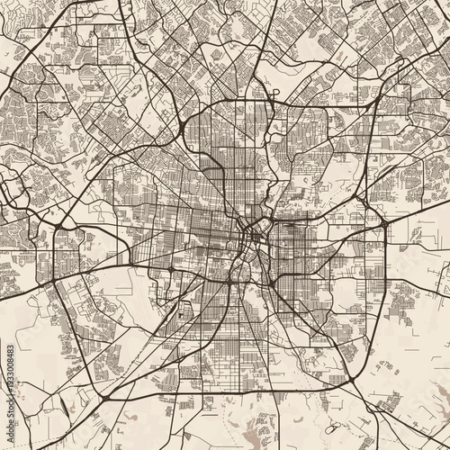 San Antonio City Map this intricate sepia toned blueprint showcases the elegant simplicity of an urban grid, emphasizing refined linework, with balanced composition, in a minimal monochrome palette.