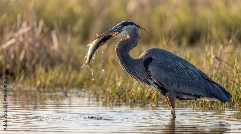 Fototapeta premium A large gray heron stands in shallow water with a fish in its beak.