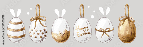 Clip art with Easter eggs with drawings. Vintage postcard composition. Imitation of pastels, hand-drawn.