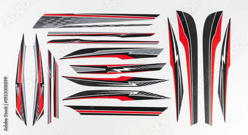 Dynamic Red and Black Graphic Decals for Vehicle Customization.