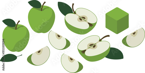 Isometric green apple set illustration, whole sliced fruit pieces and cube 3D style