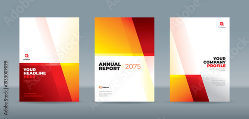Minimalist cover template with vibrant red, orange, and yellow overlapping geometric layers on a clean background. A4 size book cover template for annual report, magazine, booklet, proposal, portfolio