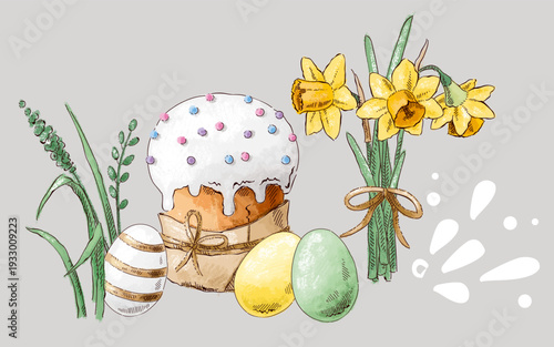 Clip art with Easter cake and eggs, daffodil and grass. Happy Easter. Vintage postcard composition. Imitation of pastels, hand-drawn.