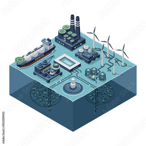 Isometric illustration of an integrated energy system showcasing offshore oil and gas extraction, LNG transport, and renewable wind power generation.