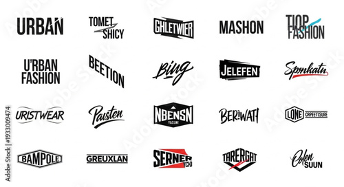 Collection of urban fashion brand logos and text designs for apparel and clothing.