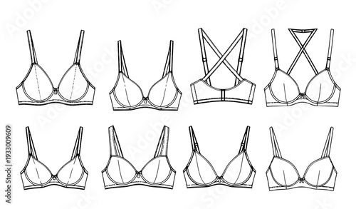 Front Open Moulded Cup Bra Technical Flat Sketch Collection Vector