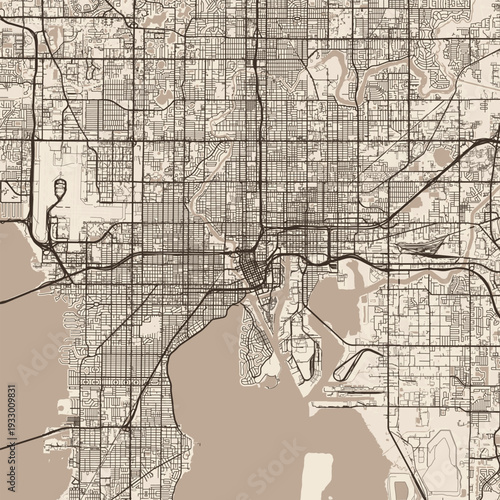 Tampa City Map discover the precision of a sepia toned urban layout where clean lines and structured grids create a refined architectural blueprint, emphasizing refined linework, with balanced.