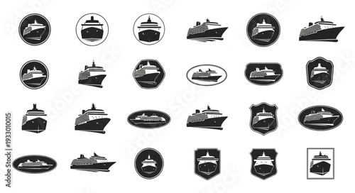 Collection of various ship and boat designs in monochrome style for maritime themes.