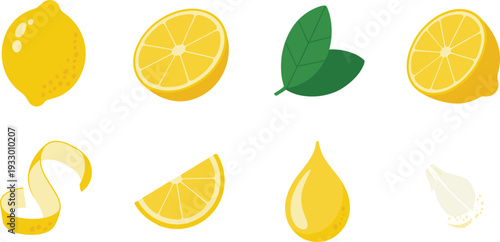 Lemon citrus fruit illustration set, whole half slice peel leaf juice drop flat vector collection