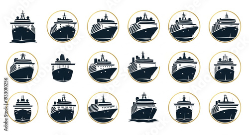 Collection of cruise ship illustrations in a circular design, perfect for travel concepts.