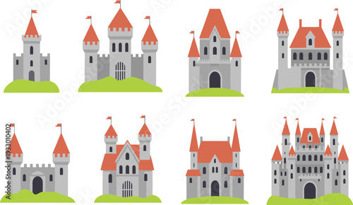 Medieval castle collection illustration, set of cartoon fantasy fortresses with towers and red roofs isolated on white