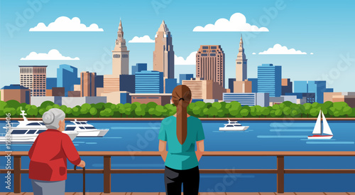 A vector illustration of an elderly woman and a younger woman looking at a city skyline from a pier with boats