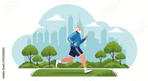 Active Senior Man Jogging in City Park - Vector Illustration for Healthy Lifestyle and Fitness