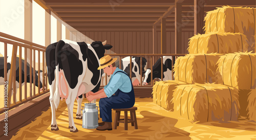 Farm life vector illustration of a farmer milking a cow in a barn with hay bales, rural dairy farming scene