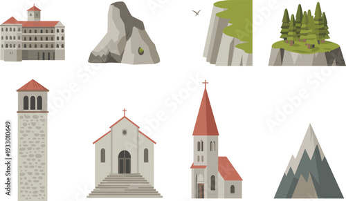 Minimalist architecture and landscape vector set, buildings churches mountains cliffs and forest icons collection