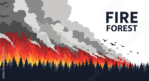 Wildfire vector illustration depicting a forest ablaze with a large plume of smoke rising into the sky, with birds flying away