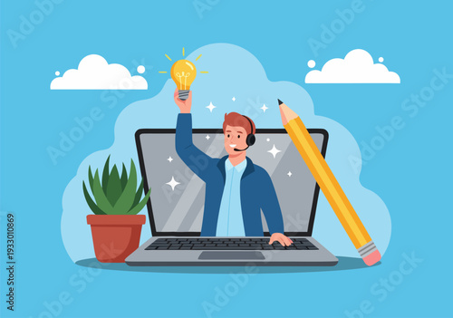 Vector illustration of a man holding a lightbulb on a laptop, representing an idea, with a large pencil and plant
