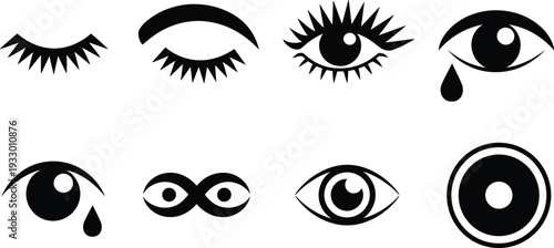 Minimalist eye icons set, black and white eyelash vision tear symbol collection