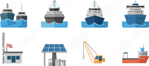 Minimalist maritime and port industry icon set, cargo ships harbor crane offshore logistics flat illustration