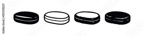 Set of four stylized coin or chip icons with stack variations, modern black and white circular elements illustration.