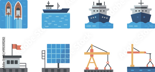 Minimalist maritime and port transport icons set, cargo ships harbor cranes offshore industry flat illustration