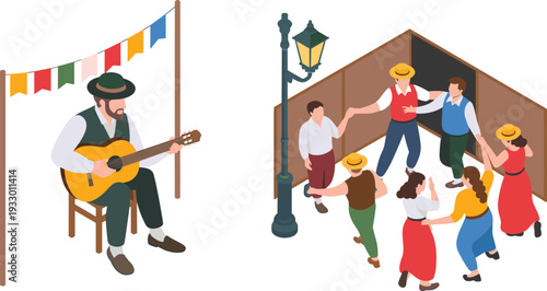 Portuguese folk festival illustration, traditional guitarist playing music while couples dance under street lamp at cultural celebration