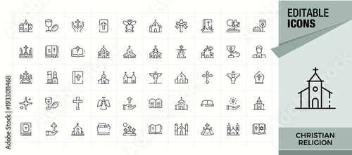 Christian Religion line icon set. Minimal icons set. Contains related to bible, christian, spirit, ritual, religious, religion. Editable stroke vector art. Catholicism vector icon set.
