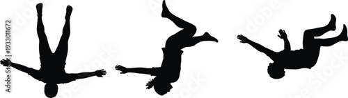 Set of black silhouettes featuring businessmen walking and running with briefcases, professional male figures in motion on isolated white background