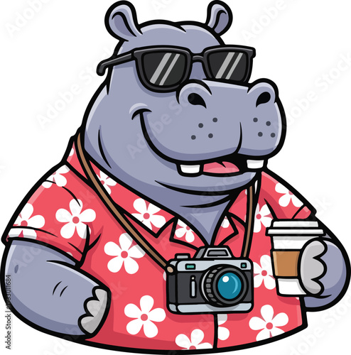 Cute Cartoon Hippo Character Wearing Sunglasses and Hawaiian Shirt Holding Coffee and Camera, Vector Illustration Isolated on White