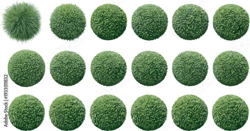 Collection of seventeen spherical green bushes and shrubs with varied foliage textures and densities, ideal for landscape design, digital modeling, and game environment projects