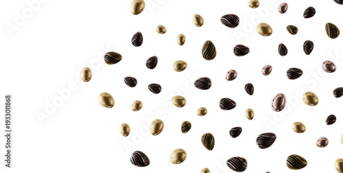 Abstract design with golden and metallic eggs floating on a white background. Creative and modern concept. Perfect for b