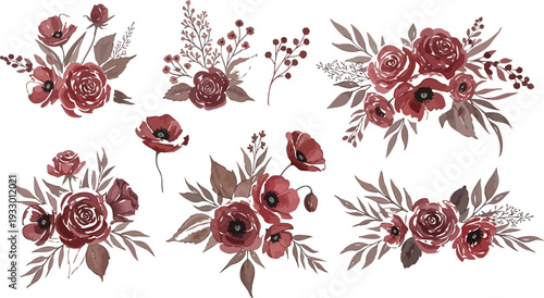 Collection of red roses and flowers with leaves on white background