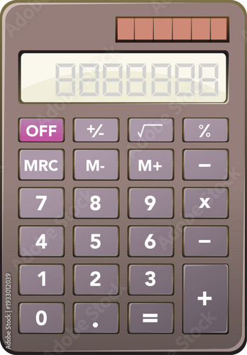 Modern purple calculator turned off on white background with digital display and buttons for business and finance