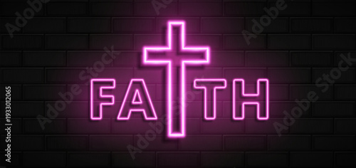 Faith sign and heart made with realistic pink led neon tubes on black wall background. Light effec. Detailed vector illustration