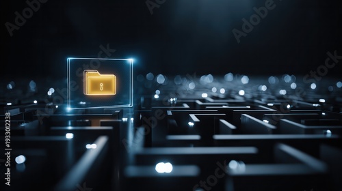 Glowing secure folder icon in digital maze network background showcasing data protection access control and cybersecurity storage