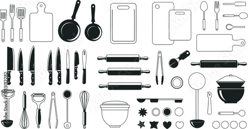 "Comprehensive black and white illustration of diverse kitchen utensils including knives, spoons, spatulas, pans, rolling pins, whisks, and cookie cutters for culinary design projects"