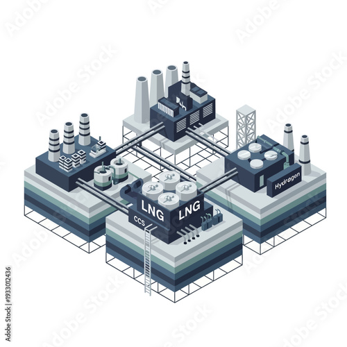 Isometric illustration of an industrial complex featuring LNG and hydrogen production facilities, interconnected by pipelines and infrastructure.