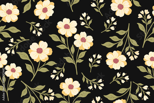 Elegant seamless floral pattern with soft cream blossoms and green leaves on a deep black background, ideal for sophisticated textiles and timeless designs.