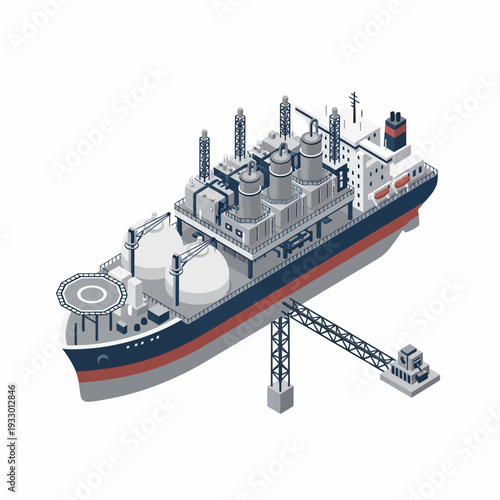 Isometric illustration of a large offshore floating storage and regasification unit (FSRU) or FLNG vessel with processing facilities and storage tanks, connected to a pier.