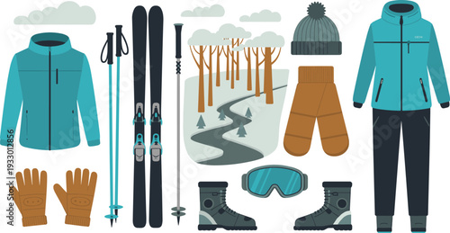 Winter sports equipment set illustration, ski gear clothing collection with jacket skis boots gloves goggles flat design
