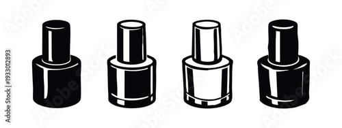 Stylized black and white nail polish bottle icons with glossy highlights, beauty and cosmetics collection.