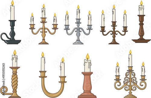 Collection of nine illustrated candle holders with lit candles in diverse designs, materials, and styles, showcasing decorative, classical, and modern lighting inspiration for interiors