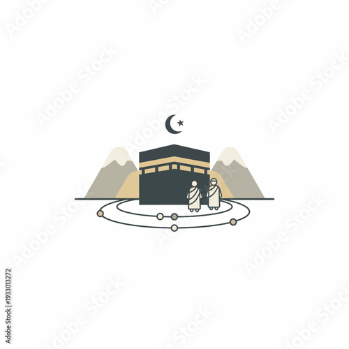 Sacred Kaaba at Night with Moon Above and Pilgrim Circles